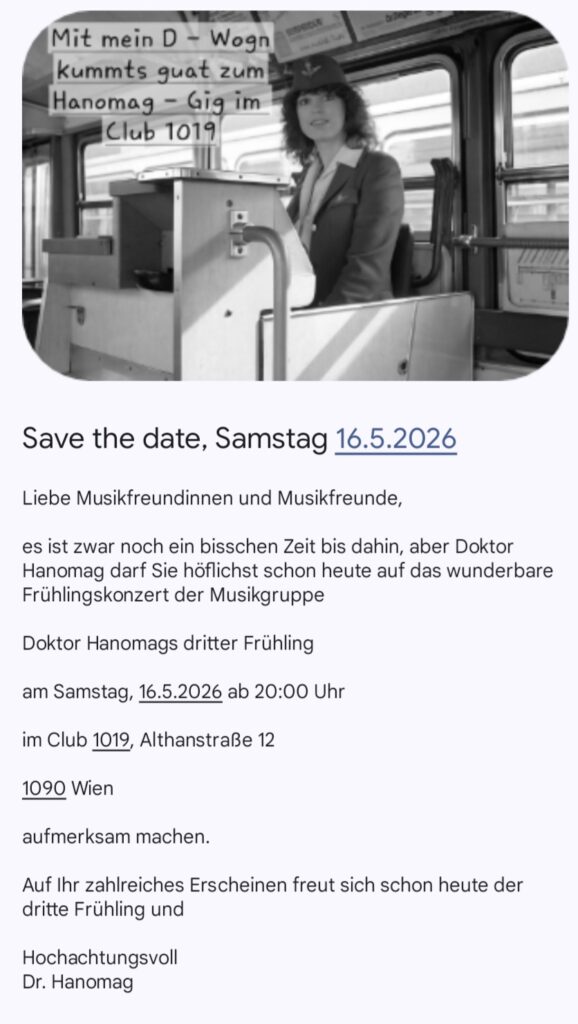 Hanomag Konzertankündigung 16.5.2026 Ckub 1019